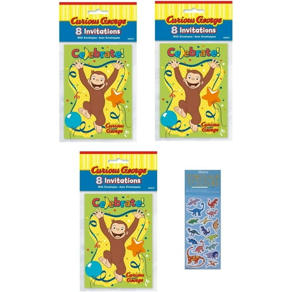 Curious George Birthday Party Supplies Bundle Pack includes 24 Party Invitations with Envelopes