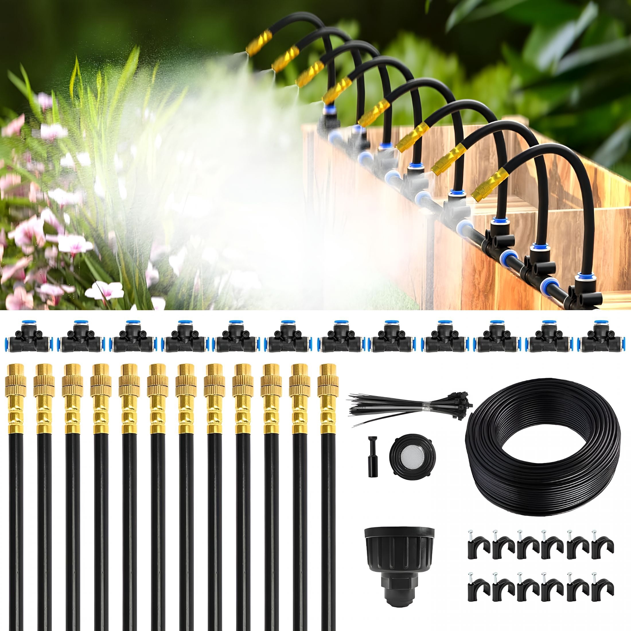 HIBIBUD 200Ft 1\/4"Drip Irrigation System,Garden Irrigation Kit with 32Pcs Adjustable Copper Nozzles,Automatic Atomizing Watering System for Outdoor Plants,Raised Bed