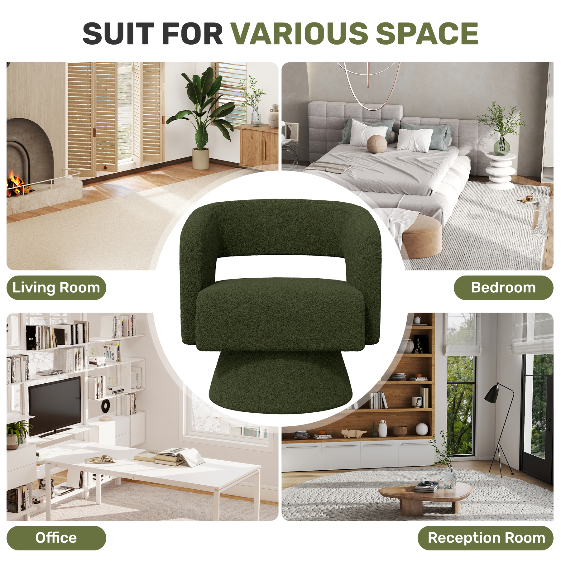MOONMISS Swivel Barrel Accent Chair,Oversized Teddy Upholstered Round Swivel Chair,Modern Luxury 360 Degree Living Room Vanity Chair for Bedroom Office,Green