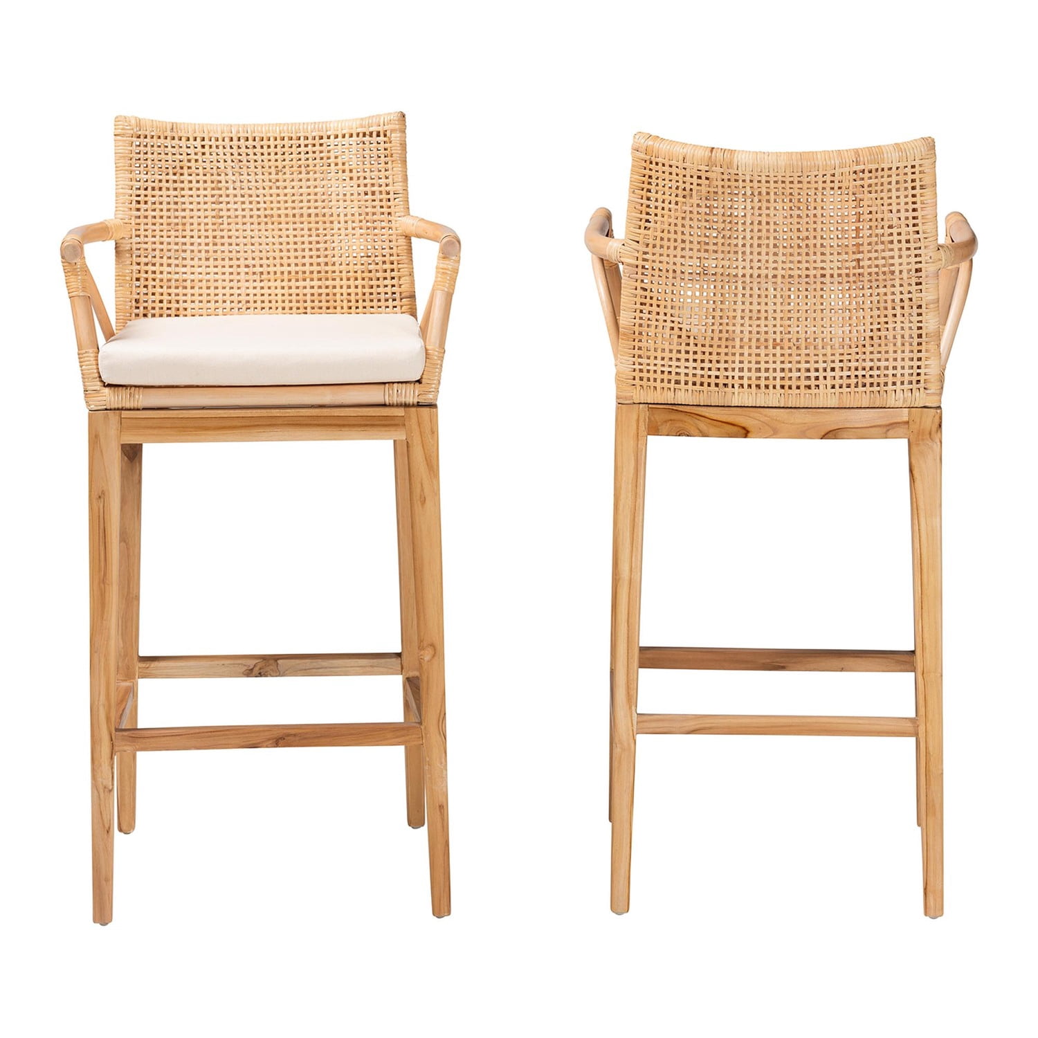 bali & pari Storsel Bohemian Natural Rattan and Teak Wood 2-Piece Bar Stool Set