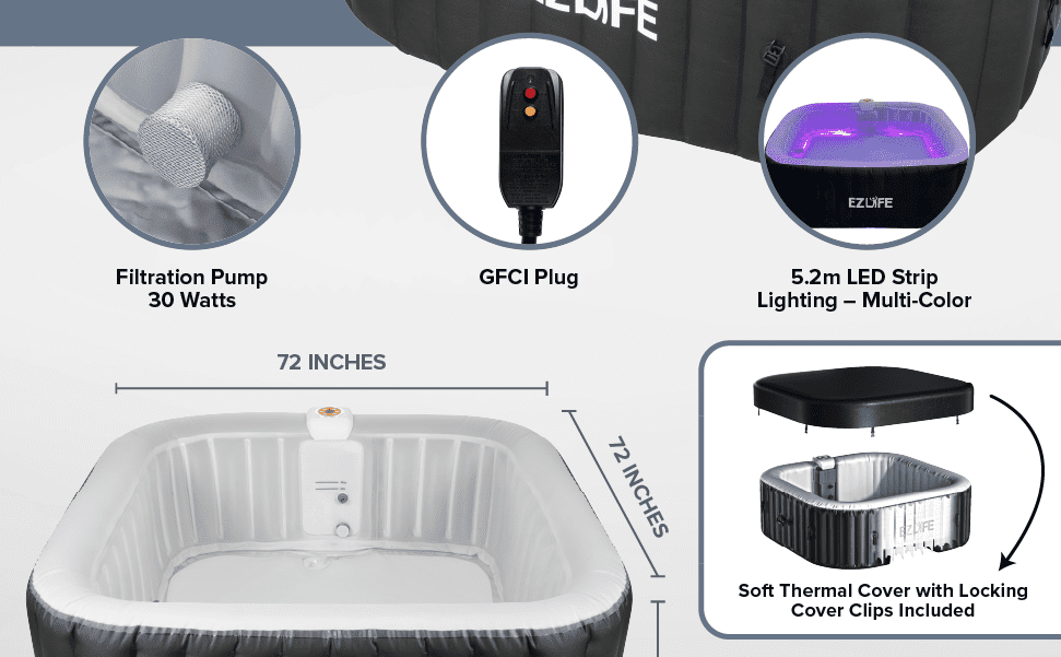 6 Person Inflatable Square Hot Tub Spa with LED Lights