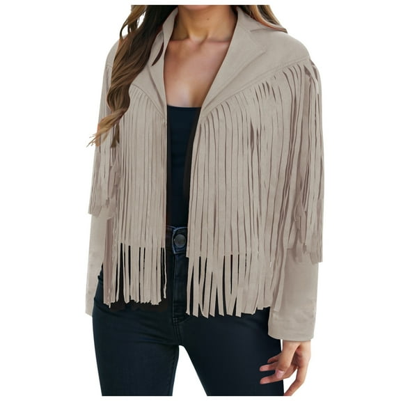 GEWSEY Women's Fringe Leather Jackets - Suede Motocycle Biker Cropped Coat Vegan Blazer Pleather Fashion Tassel (Beige, S)