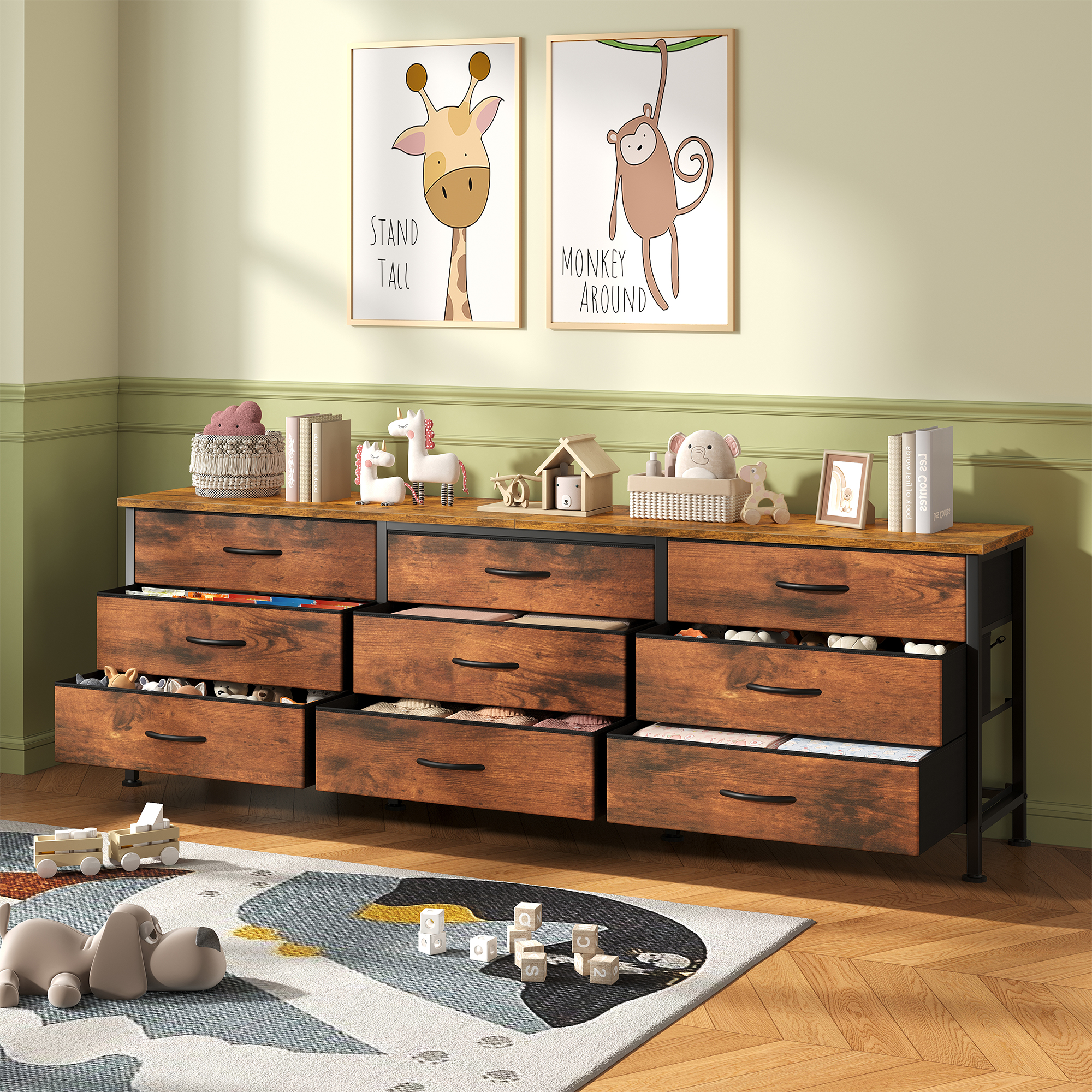 JIOABL 66 inch Wide TV Stand Dresser, 9-Drawer Storage Cabinet for 75 inch TV, Entertainment Center with Wood Top for Living Room, Rust