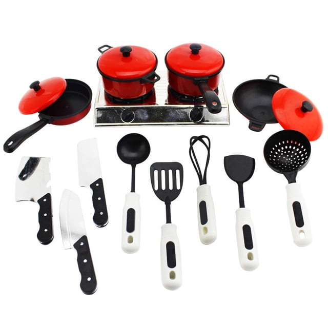 OULII 13Pcs Red Plastic Kitchen Toys Set for Kids Cookware Role Play Imagination Development Educational Toy