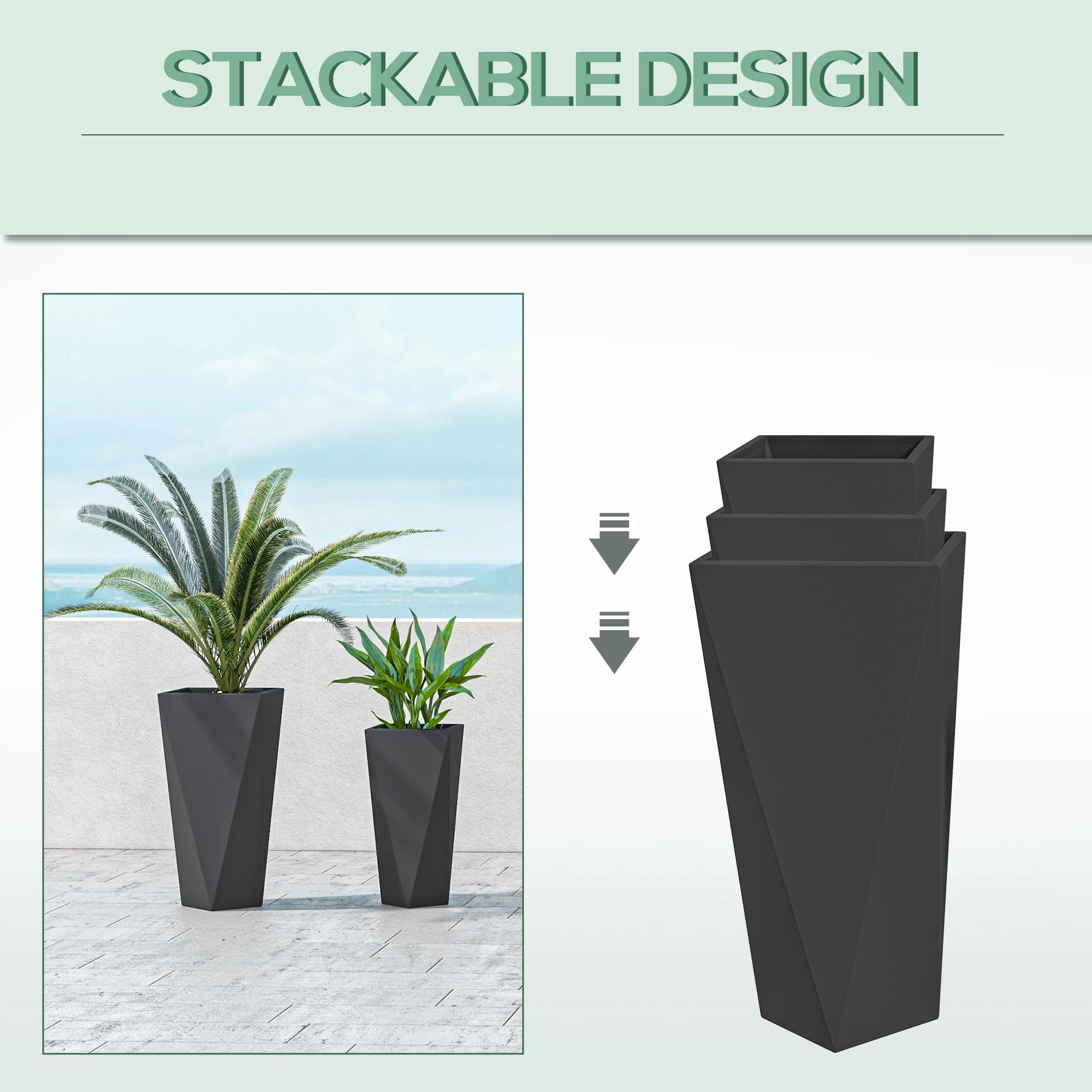 Outsunny Outdoor Planters Set of 3 with Drainage Holes, Flower Pots, Black