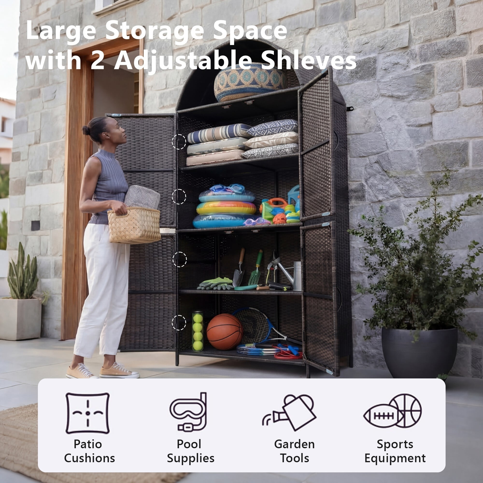 AENKYO 72" Arched Wicker Outdoor Storage Cabinet, Vertical Poolside Towel Holder & Rattan Garden Shed, Black & Brown