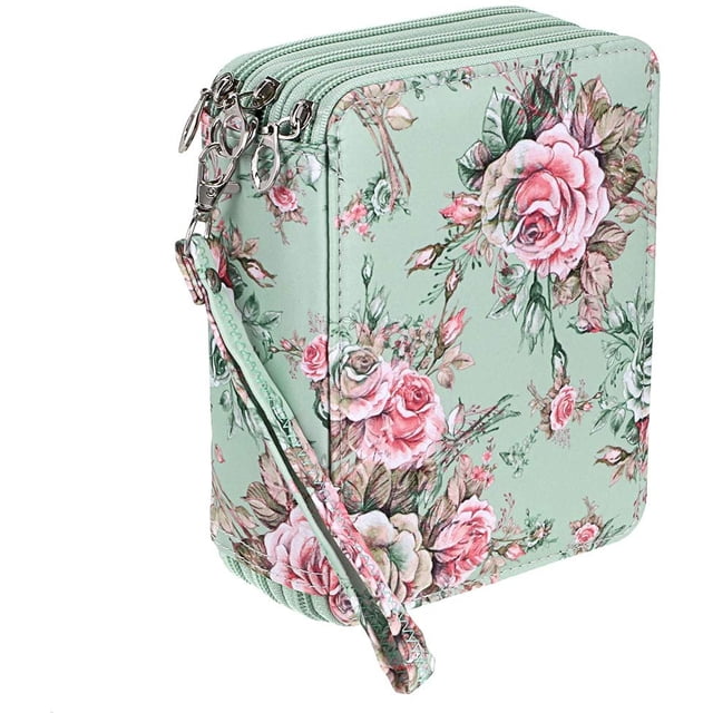 Zippered Pencil Case-Canvas 72 Slots Handy Pencil Holders with Printing Pattern for Prismacolor Watercolor Pencils, Crayola Colored Pencils, Marco Pencils Rose