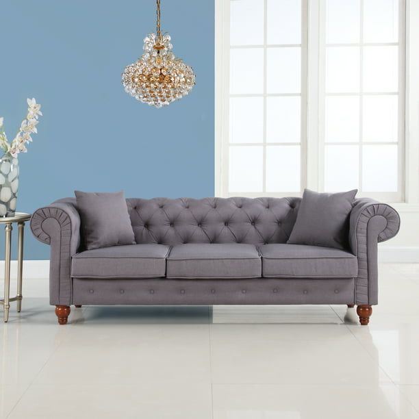 Classic Linen Fabric Scroll Arm Tufted Button Chesterfield Style Sofa ...