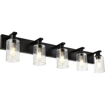 

JSTCL 5-Lights Farmhouse Bathroom Vanity Light in Black Finish Wall Mount Lighting Fixtures with Seeded Glass for Mirror Cabinet Kitchen Bedroom