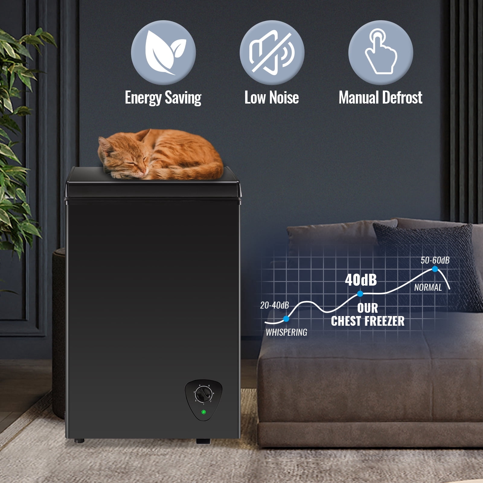 JIEJIA Compact Freezer 2.4 cu ft Environmental Chest Freezer, Mini Freezer with 7 Gear Adjustable Temperature, Removable Storage Basket, Energy Saving, Black