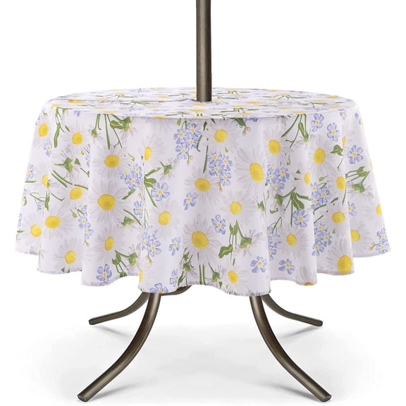 UMINEUX Outdoor Tablecloth with Umbrella Hole and Zipper, Spring/Summer Waterproof Table Cover for Picnic/BBQ/Garden(60" Round, Daisy)