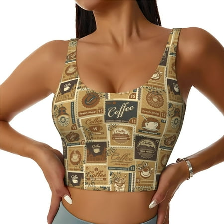 Adobk coffee Stamps Print Sports Bras for Women Longline Workout Crop Tank Tops Padded with Built in Shelf Padded Sports Bra-XX-Large