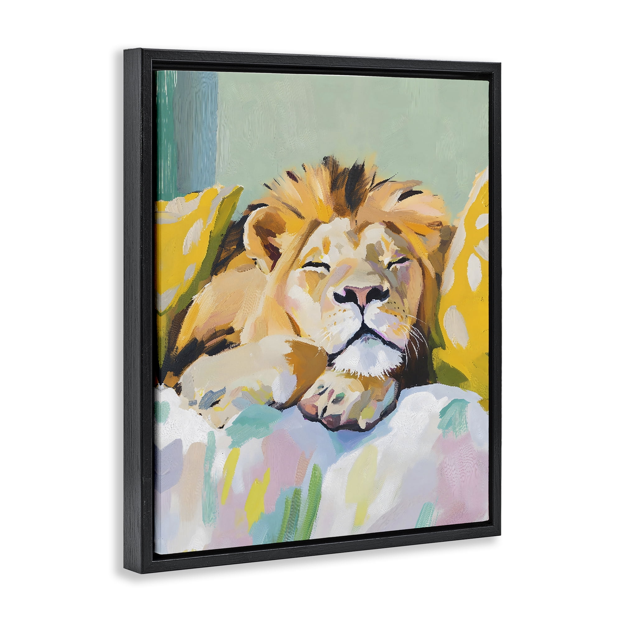 Stupell Industries Sleeping Lion on Pastel Pillows Black Framed Floater Canvas Wall Art, design by The Prints Vibe