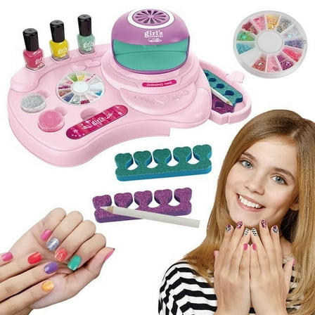 Nail Polish Kit Gift Set for Kids Girls Ages 6-12, Nail Art Studio for Girls Kids Nail Art Salon Set with Nail Dryer Nail Polish Glitter Gems Manicure Salon Gift for Sleepover Birthday Christmas