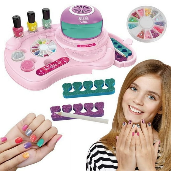 Nail Polish Kit Gift Set for Kids Girls Ages 6-12, Nail Art Studio for Girls Kids Nail Art Salon Set with Nail Dryer Nail Polish Glitter Gems Manicure Salon Gift for Sleepover Birthday Christmas