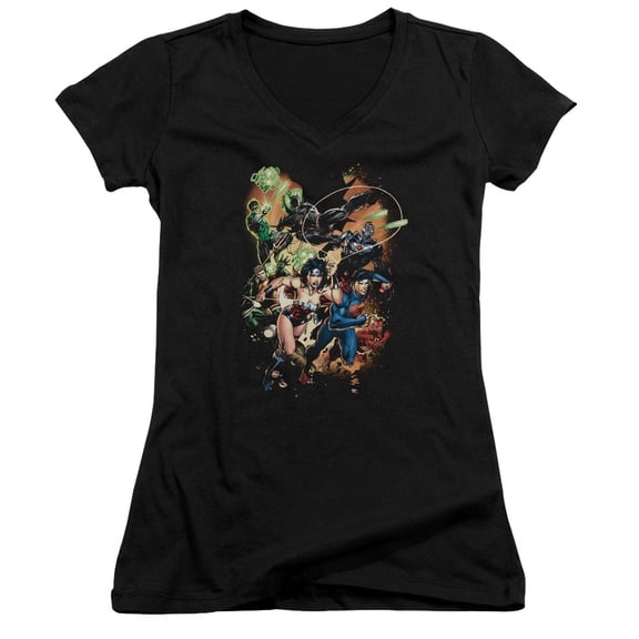 JLA Justice League Battle Ready Junior Women's T-Shirt V-Neck Black