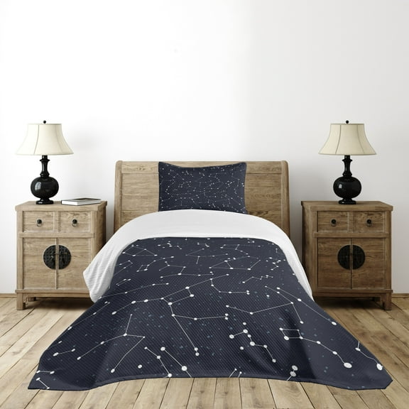 Ambesonne Constellation Quilted Bedspread Set 2 Pcs, Cluster of Stars, Twin Size, Blue Dark Blue White