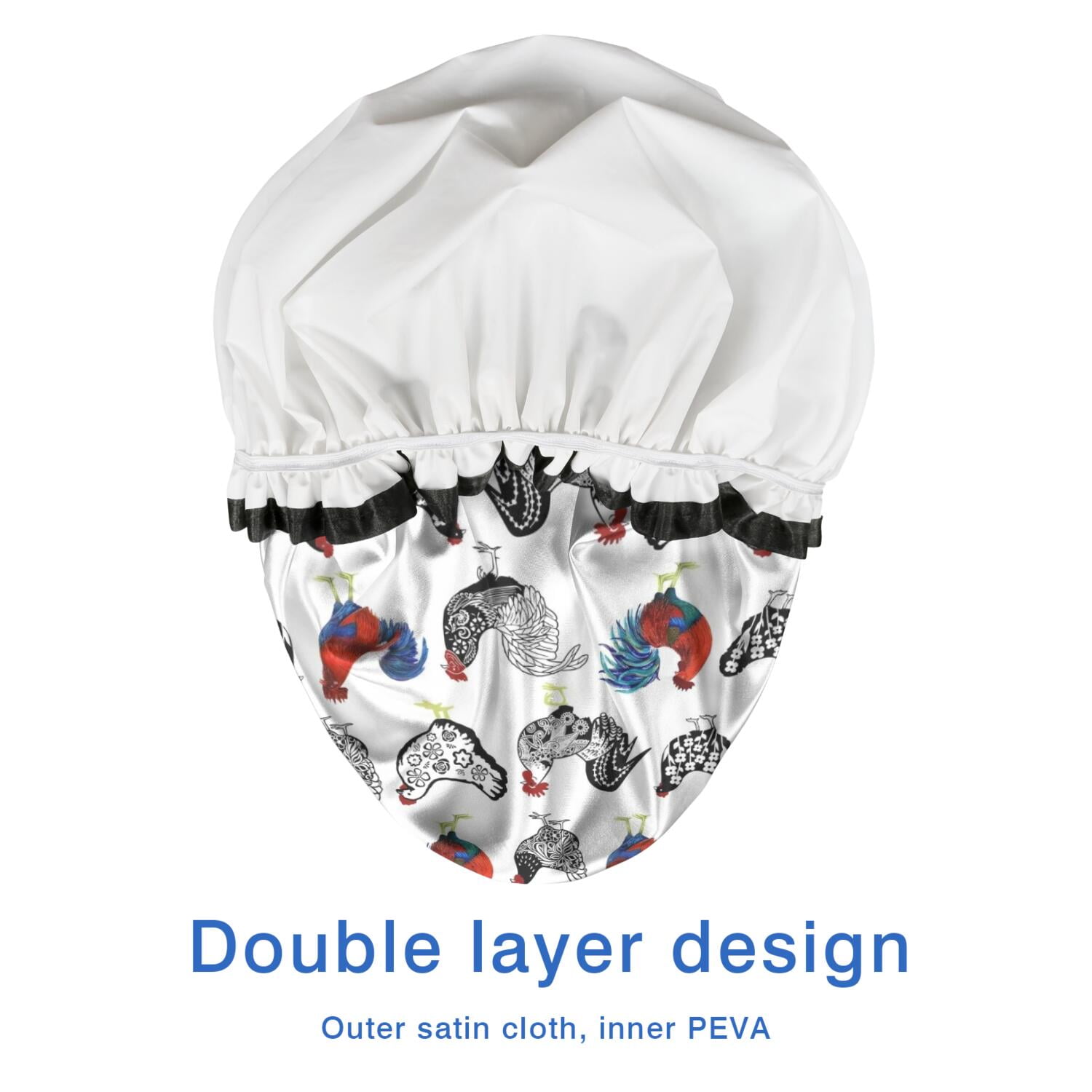 Shower Caps,White Chicken Folk Pattern Waterproof Shower Cap for Women 4 Pieces,Double Reusable Hair Cover for Shower PEVA Elastic Stretch Hem
