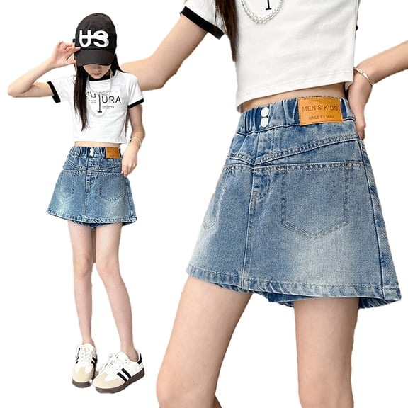 LYMAYTER 5-14Y Girls Blue Mini Denim Skort Jean Skirt with Short Layer Children Fashion