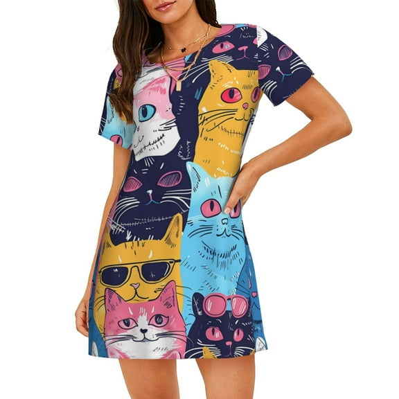 Rateoe Colorful Cats Pattern Art Print Women’s Nightdress – Cozy Cotton Short-sleeved Sleep Shirt, Loose-Fit Sleepwear, Perfect for Relaxing and Sleeping