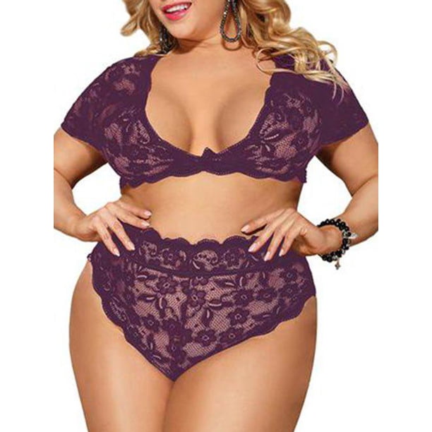 Conjunto Brasier Festoneado de Talla Extra con Encaje con Mangas Cortas Rosegal Conjuntos de lencería de talla grande