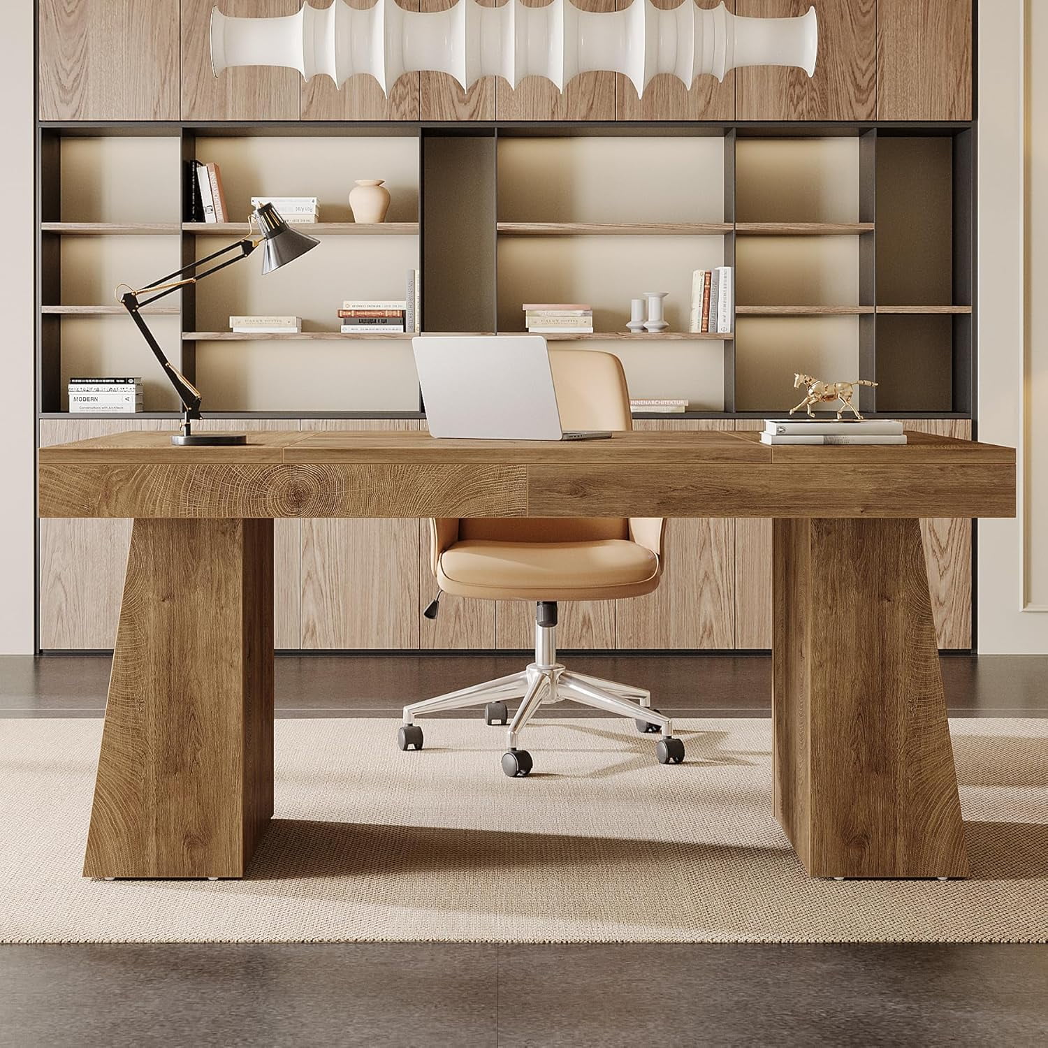 Tribesigns 55 Inches Executive Desk, Mid-Century Modern Home Office Desk with Double Trapezoid Base