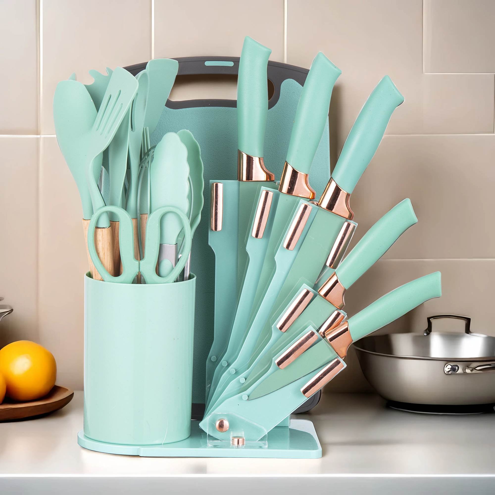 HEESEM 19-Piece Silicone Kitchen Utensil & Knife Set - Heat-Resistant Cooking Tools Non-Stick Safe Gift for Mom or Women  Dark-Green