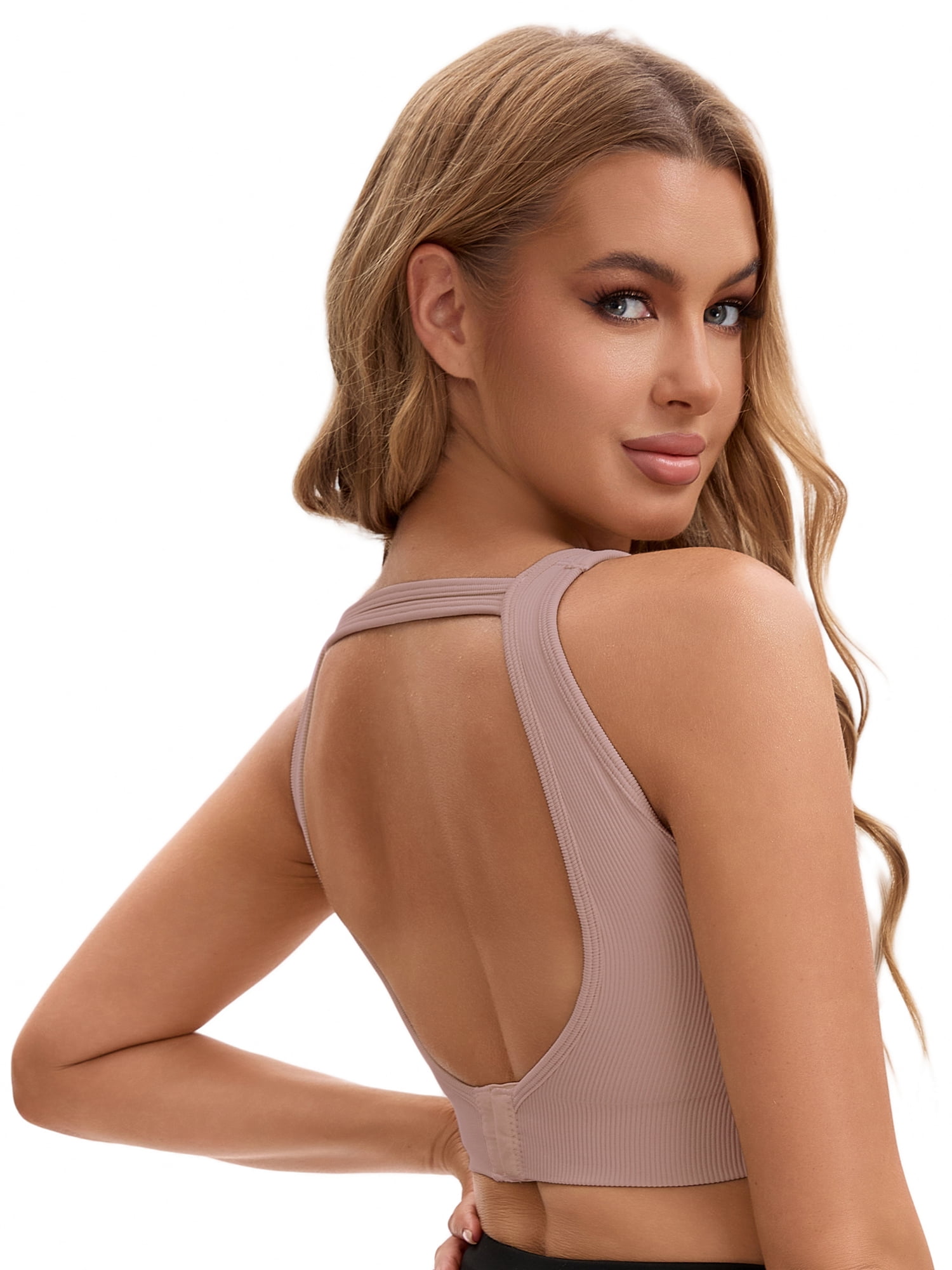 Unique Bargains Women's Contrast Color Open Back Workout Tank with Built-In Bras M Pink