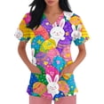 thumbnail image 4 of Easter Scrubs for Women Stretchy Short Sleeve V-Neck Funny Bunny Rabbits Eggs Print Medical Uniforms Plus Size Working T-Shirts with Pockets, 4 of 5