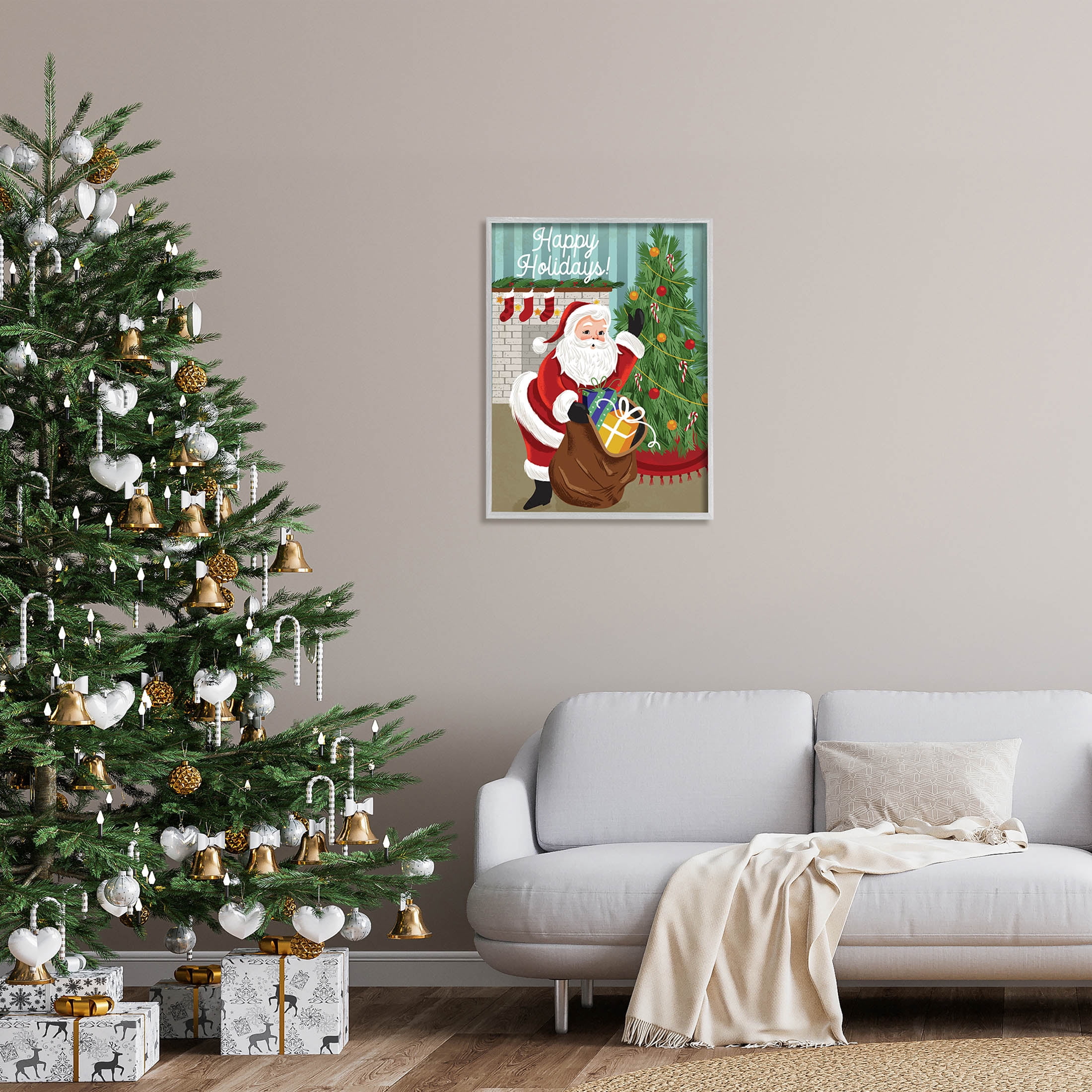 Happy Holidays Santa Gift Bag Holiday Graphic Art Gray Framed Art Print Wall Art