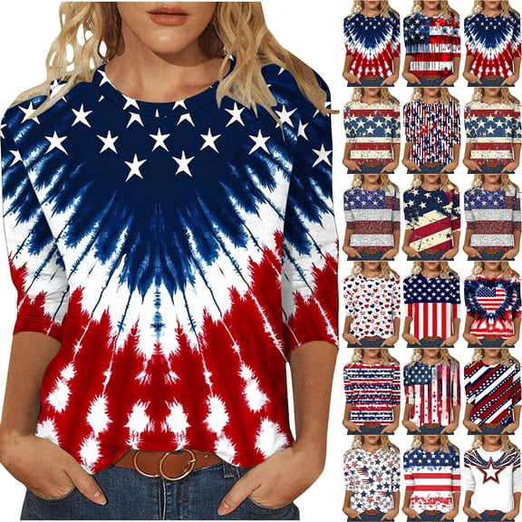 Fengactive Womens 3/4 Sleeve 4Th of July Shirts Crewneck Independence Day Printed Casual Loose Fit T Shirts