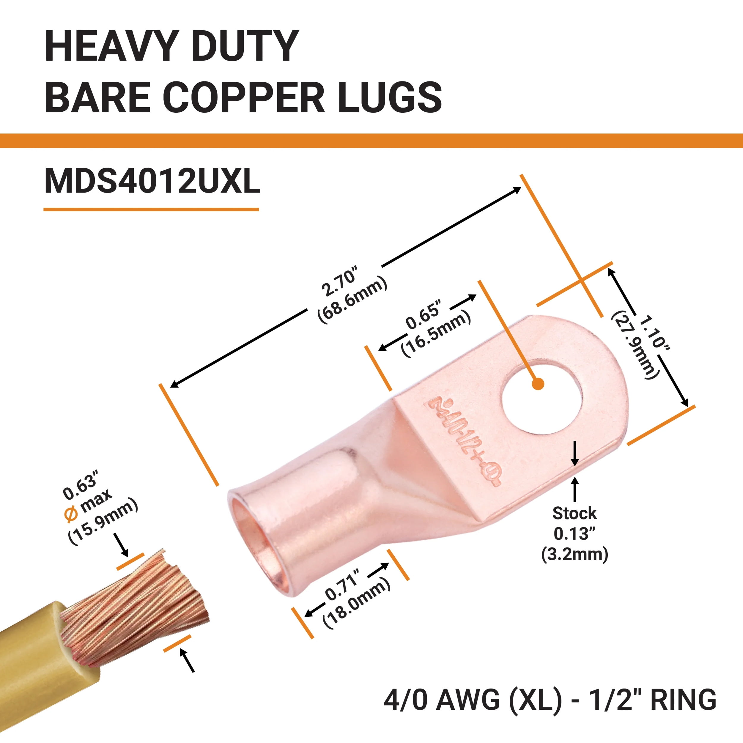 SELTERM 4/0 AWG XL 1/2" Ring Battery Cable End Terminal Lugs Bare Copper 10ea