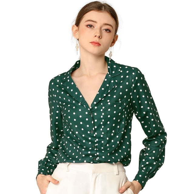 Camisa Con Cuello En V Y Solapa Con Botones Y Lunares En Forma De Corazón Para Mujer Verde XS