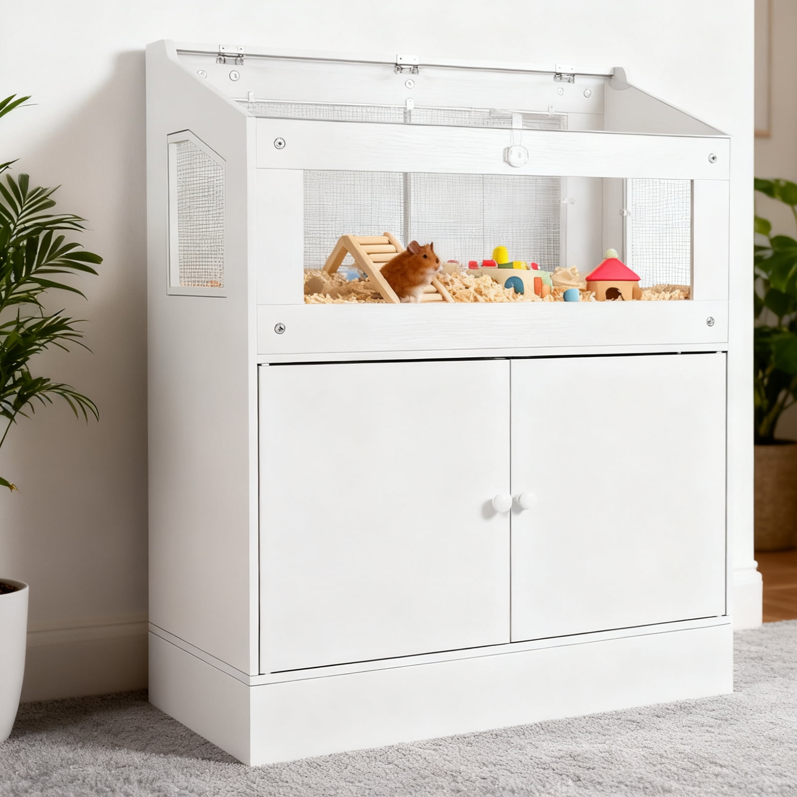 Large Hamster Cage with Storage Cabinet & Easy-View Acrylic Panels, Guinea Pig Cage for Small Animals like Rats, Hedgehogs, Gerbils