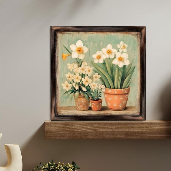 Daffodils Potted Plants Still Life Wooden Sign Wall Plaque - Vintage Art Decoration, Wall Decoration - Ideal Gift For Home Decoration, Living Room, Bathroom, Bedroom, Garden, Dining, Bar, Cafe, Fes