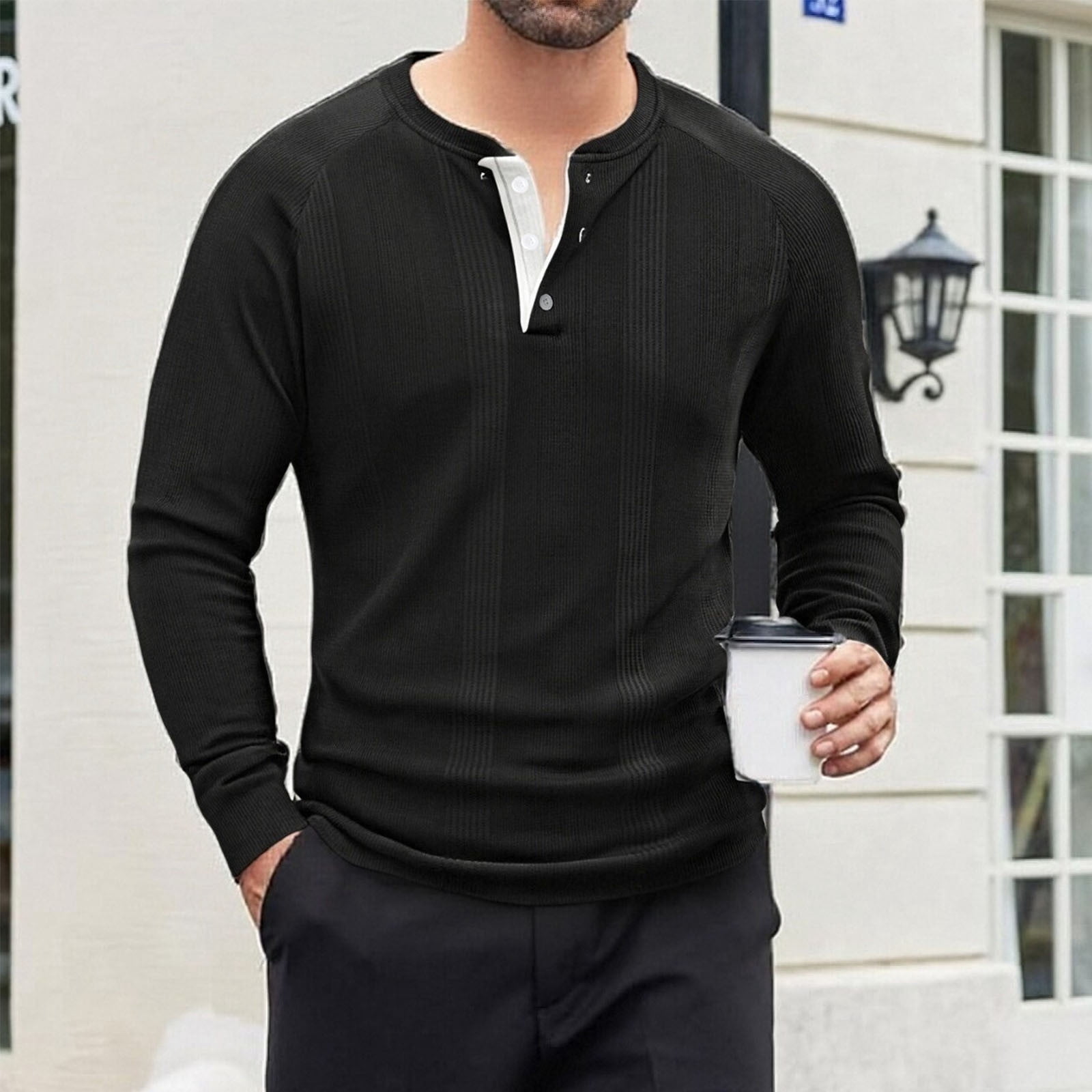 GuangCheng George Men Waffle Knit Henley Shirts,Long Sleeve,Slim Fit,Soft,Breathable,Comfortable,Button Placket,Casual Tees,Black,Size 3XL