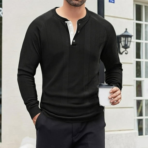 pstuiky Camisas casuales de manga larga para hombre, Blusa/camisa informal y moderna de color liso con cuello redondo y botones en bloques de color para hombre salir tops xxl