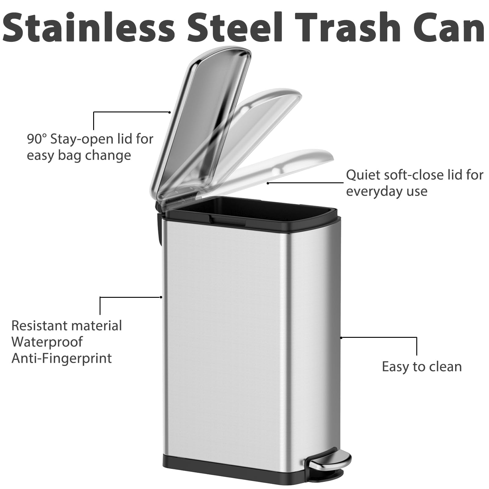 7.9 Gallon Trash Can, Slim Kitchen Trash Can with Soft Close Lid, Stainless Steel Trash Can with Removable Bucket, Rectangular Waste Bins for Kitchen, Bathroom, Office