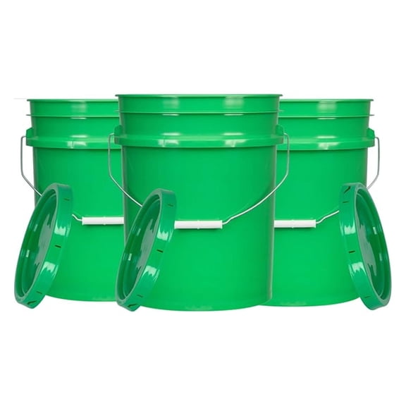 5 Gallon Plastic Bucket Food Grade BPA Free, 90mil Green Pail with lids (Pack of 3