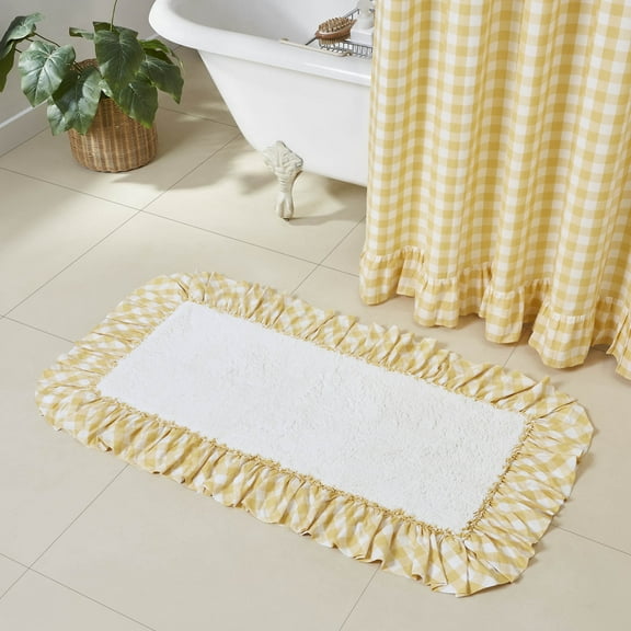 VHC Brands Annie Buffalo Check Farmhouse 27"x48" Bathmat Yellow Ruched Ruffle Cotton Rectangle Bath Decor