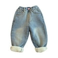 thumbnail image 1 of Denim Pants For Girls Ages 2-8 Thickened Fleece Lined Rabbit Print Winter Trousers With Button Blue, 1 of 3