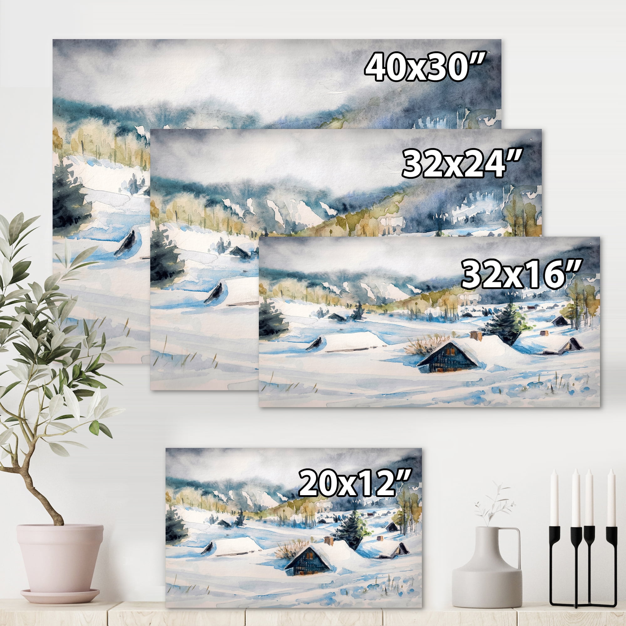 Winter In Mountain Village 12 in x 8 in Painting Canvas Art Print, by Designart