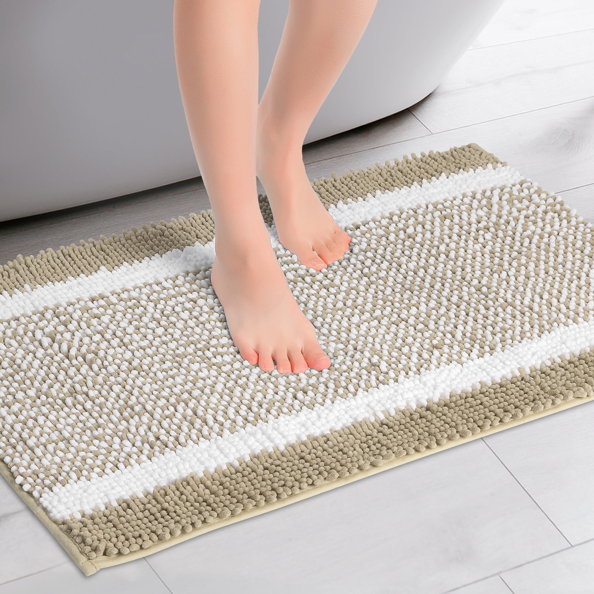 Unique Bargains Chenille Striped Bathroom Rug Mat Non-Slip Soft Plush Shaggy Bath Carpet Khaki 16" x 24"