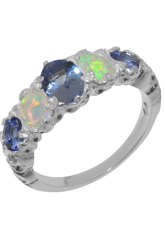 LBG British Made Sterling Silver ring with Natural Tanzanite & Opal Womens Band Ring - 33 size options - Size 9.75