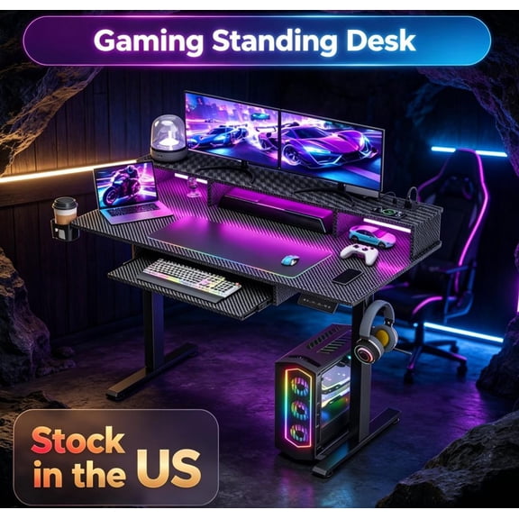 Sioweci Standing Desk, Height Adjustable Gaming Desk - Computer Desk with Monitor Stand, USB Charging Port, Rgb Light Strip, Cup Holder, Headphone Hook, Home Office Desk