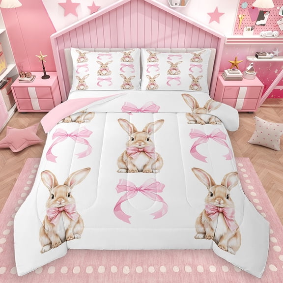 Homewish Kawaii Bowknot Bunnies Bedding Comforter Set, Pink Princess Ribbon Twin Comforter Sets, Cute Cartoon Rabbit Reversible Bedding Set, Super Cozy Room Decor, 2pcs