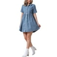 thumbnail image 4 of INSPIRE CHIC Women's Short Sleeve Button Down Collared Denim Babydoll Mini Dress S Light Blue, 4 of 6