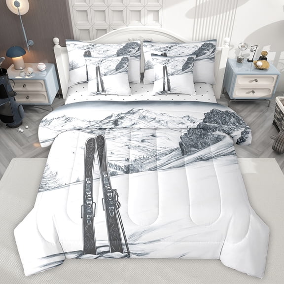 jejeloiu Skiing Sports 7-Piece Twin Bedding Sets,Snowboard Bedding Comforter Set,Gray White Sheet Sets For Boys Girls,Ultra Soft Home Decor Reversible