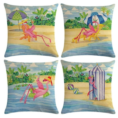 Tropical Throws Tayyakoushi 4pack Beach Theme Throw Pillow Covers with Pink Flamingo Tropical Leaves Happy Summer Time Cushion Covers Beach House Home Decorative Pillowcases 18”×18” ()