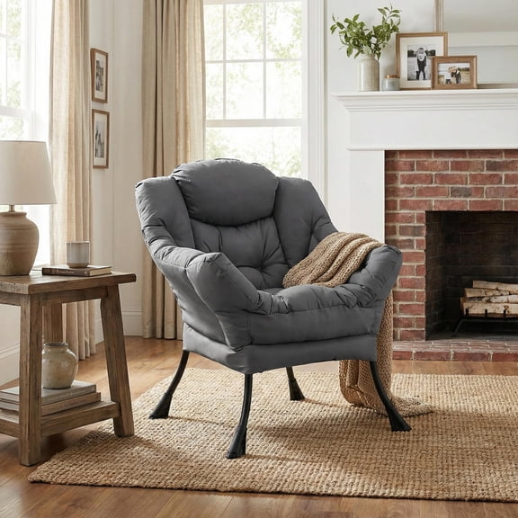 Topcobe Modern Polyester Fabric Lazy Chair with Steel Frame and Side Pocket, Single Sofa Lounge Chair for Living Room Bedroom Balcony, Simple Stylish Design, Gray